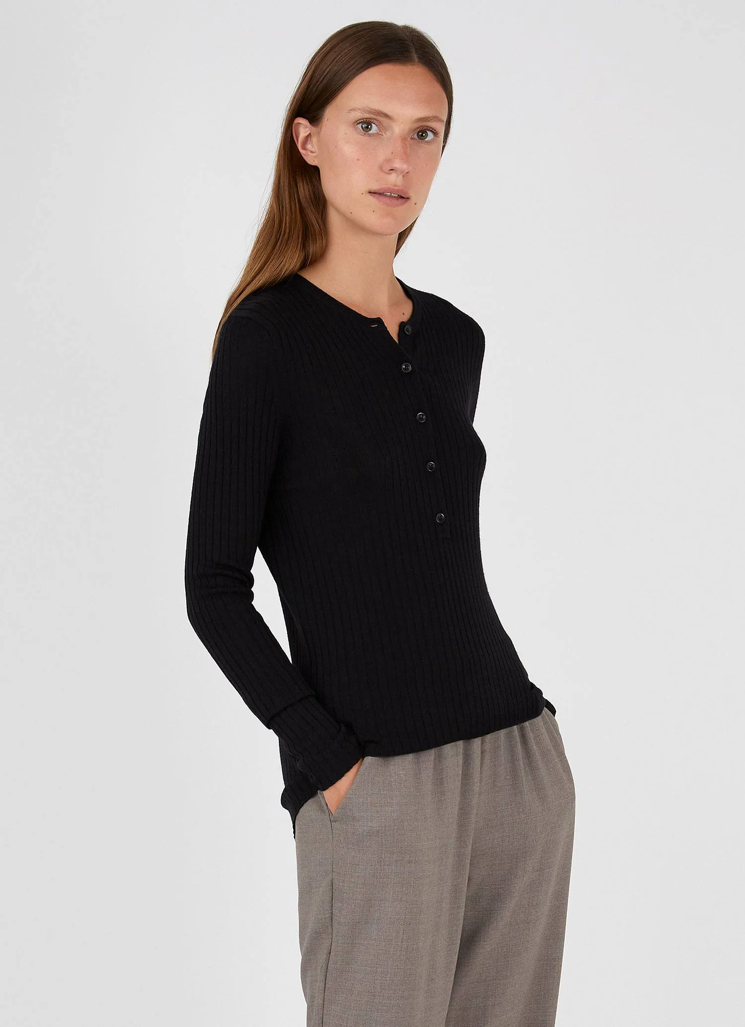 Women's Merino Silk Henley in Black sold by Sunspel