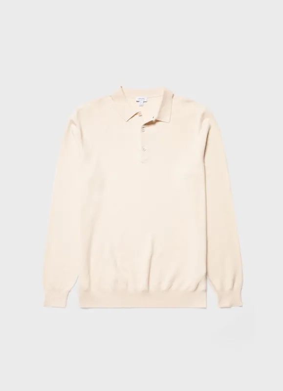 Men's Knit Long Sleeve Polo Shirt in Ecru sold by Sunspel