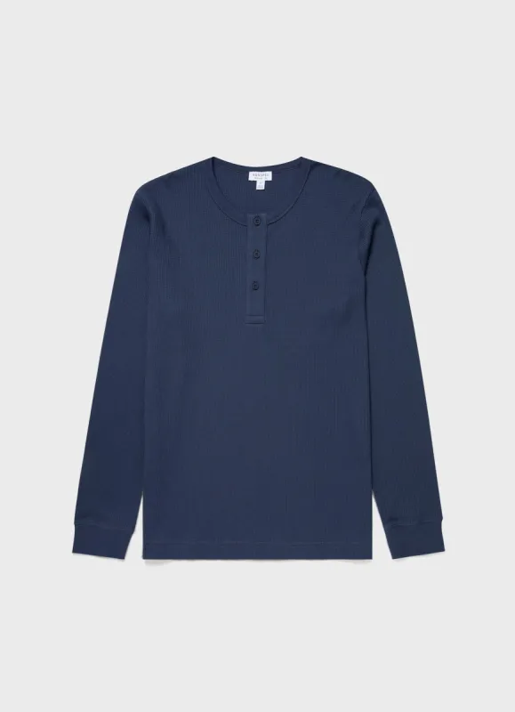 Men's Long Sleeve Waffle Henley in Slate Blue sold by Sunspel