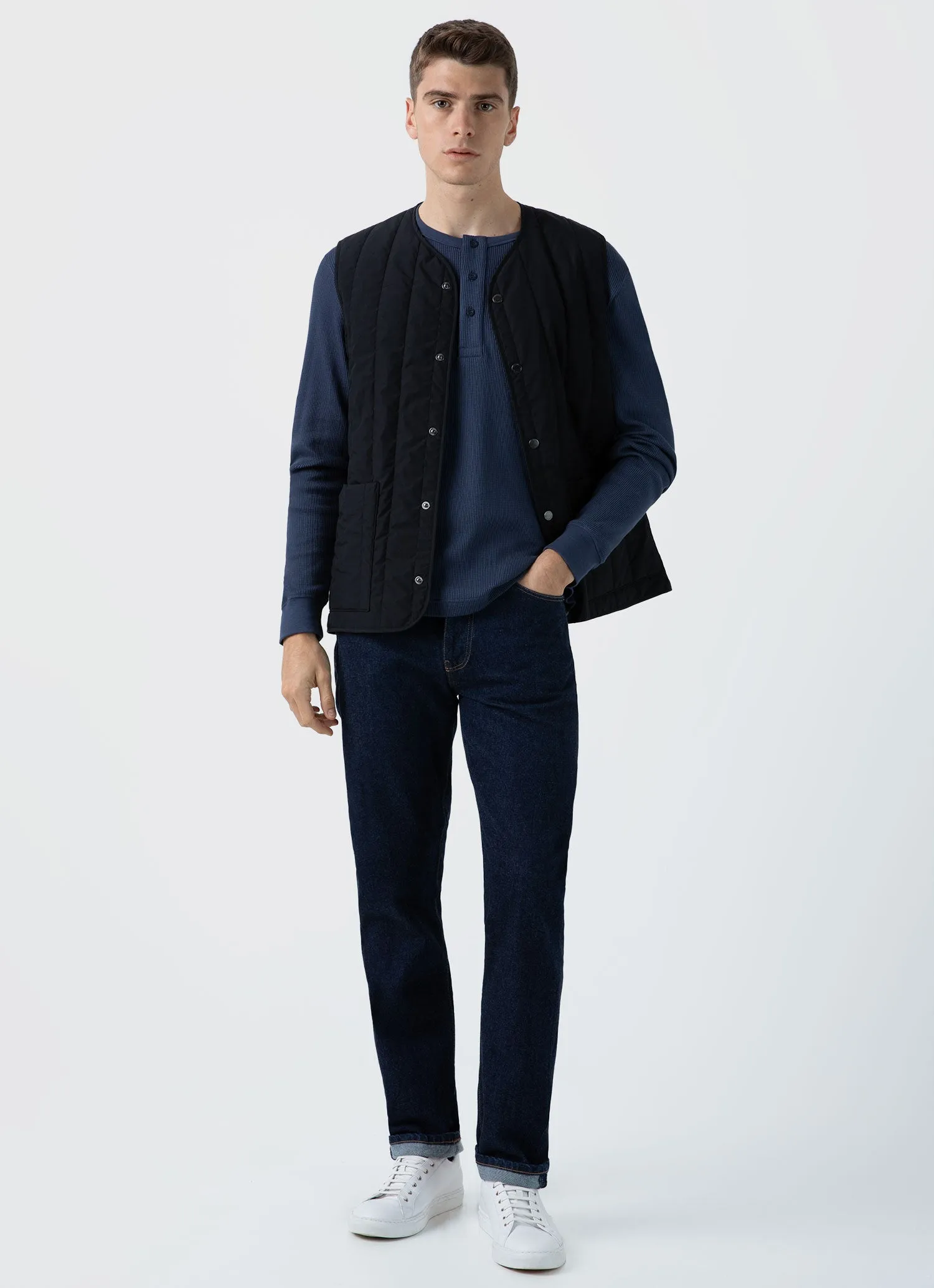 Men's Long Sleeve Waffle Henley in Slate Blue sold by Sunspel product image thumbnail 3