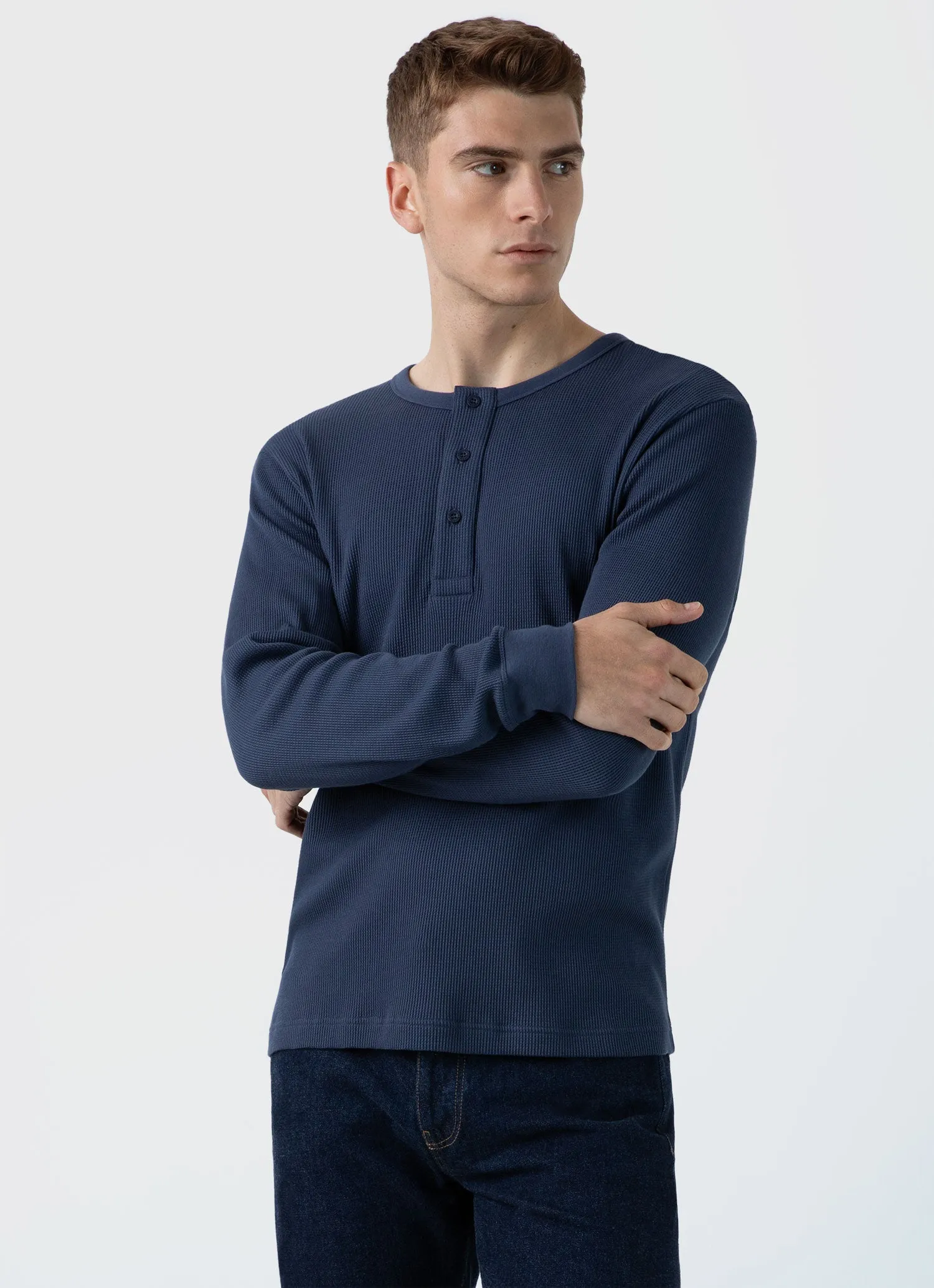 Men's Long Sleeve Waffle Henley in Slate Blue sold by Sunspel product image thumbnail 2