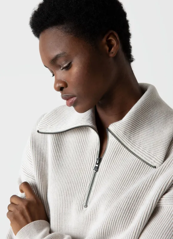 Women's Ribbed Half Zip Jumper in Ecru sold by Sunspel