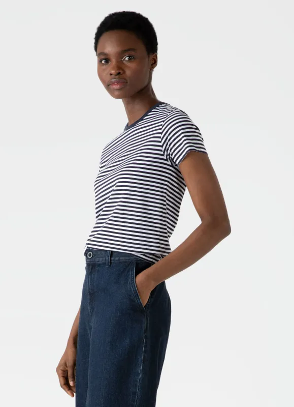 Women's Classic T-shirt in Navy/White English Stripe sold by Sunspel