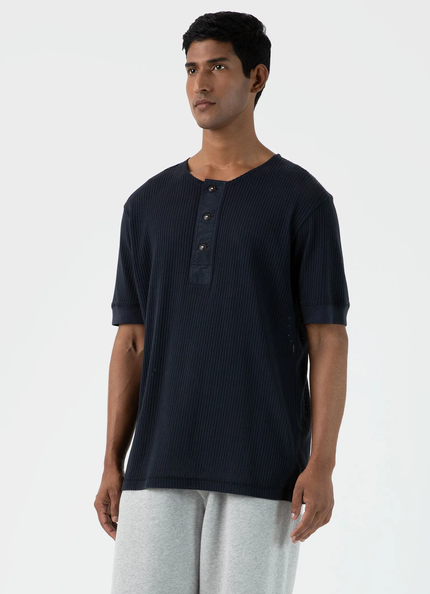 Men's Sunspel x Nigel Cabourn Mesh Henley in Navy sold by Sunspel product image thumbnail 2