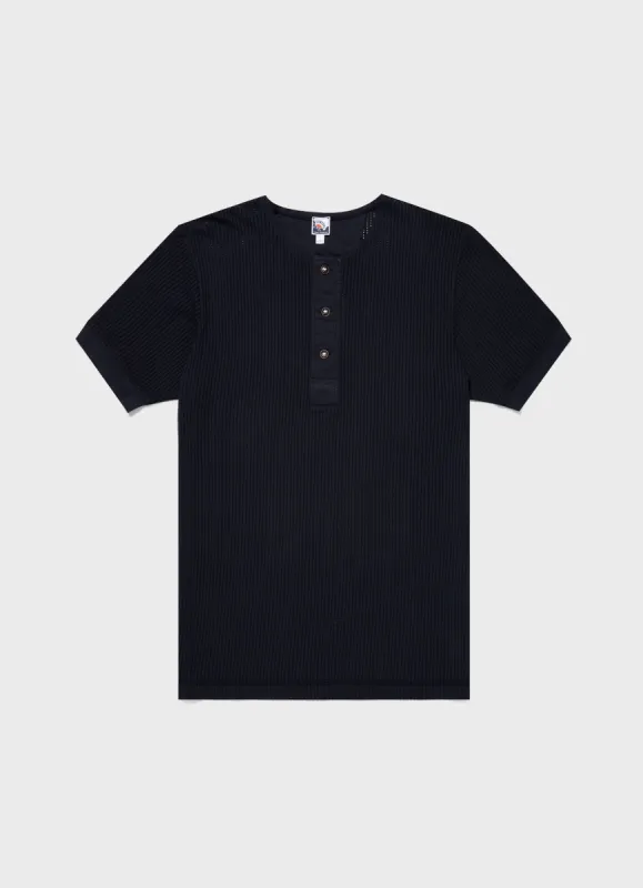 Men's Sunspel x Nigel Cabourn Mesh Henley in Navy sold by Sunspel