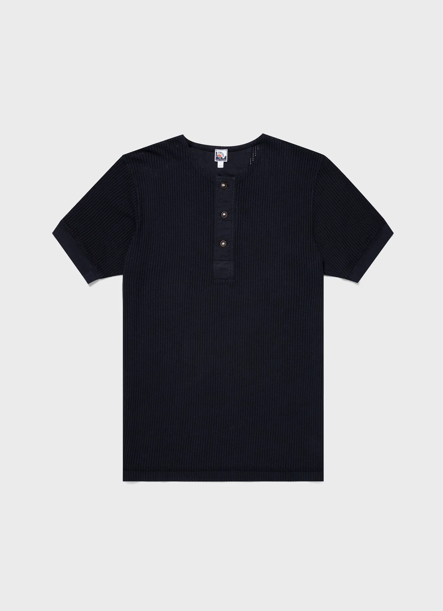 Men's Sunspel x Nigel Cabourn Mesh Henley in Navy sold by Sunspel