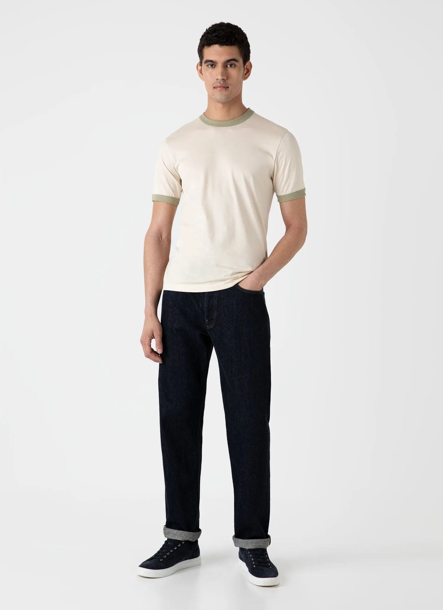 Men's Classic Ringer T-shirt in Pale Khaki sold by Sunspel product image thumbnail 3