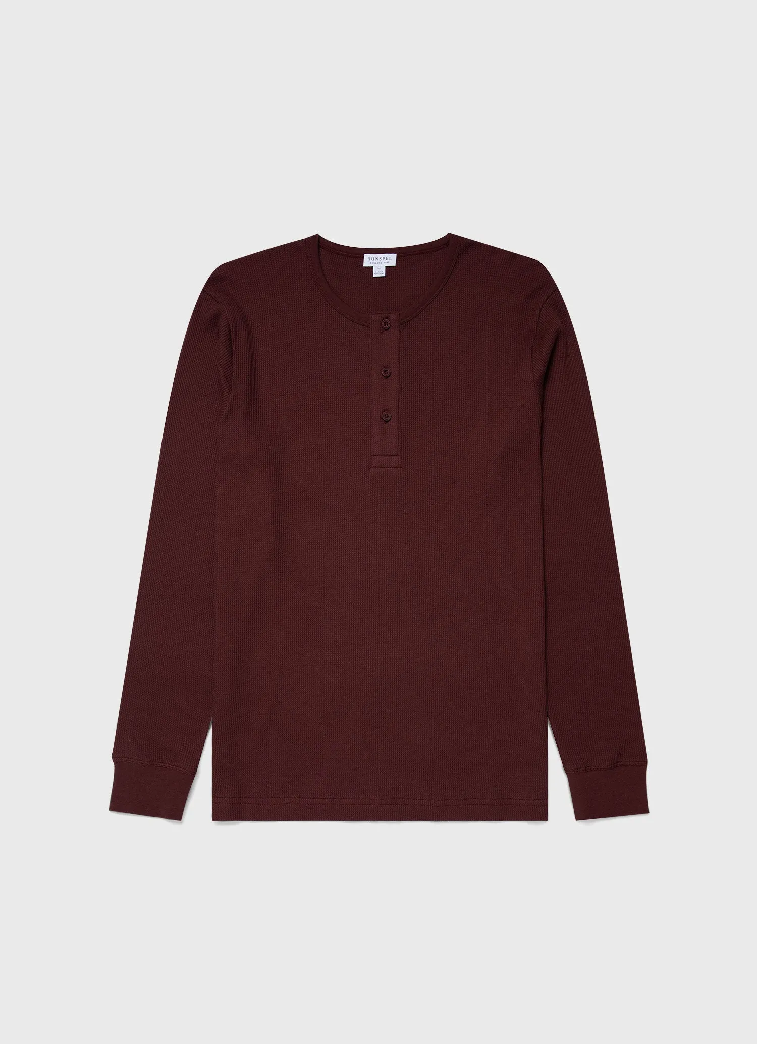 Men's Long Sleeve Waffle Henley in Maroon sold by Sunspel