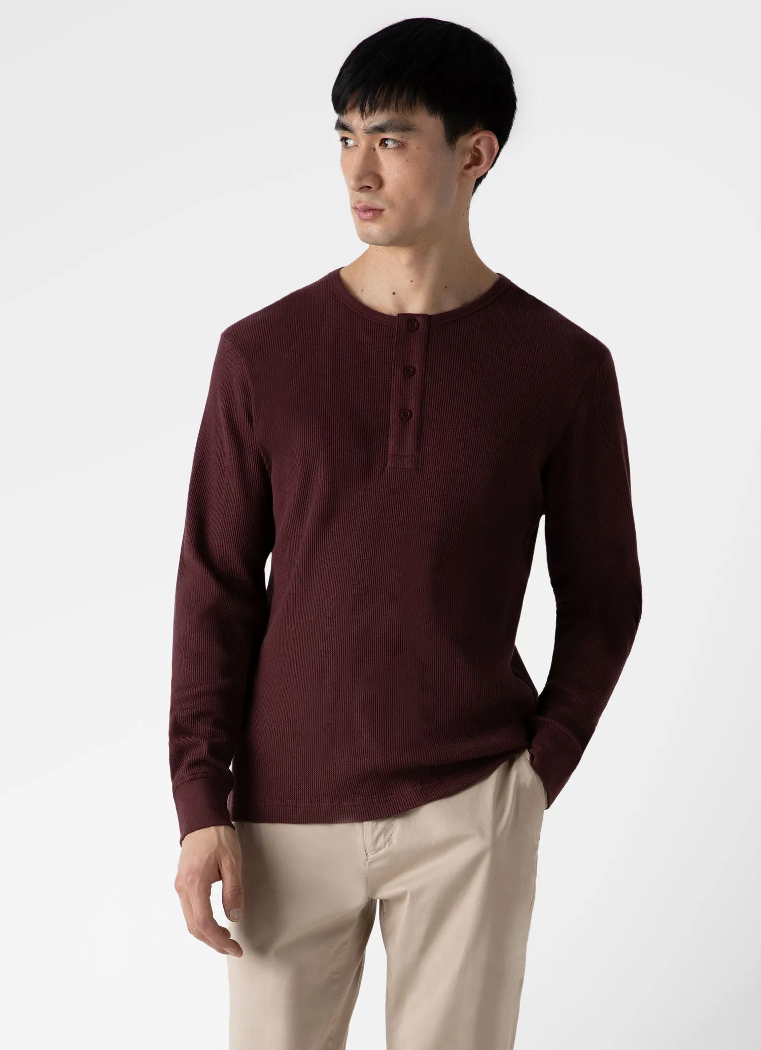 Men's Long Sleeve Waffle Henley in Maroon sold by Sunspel product image thumbnail 2