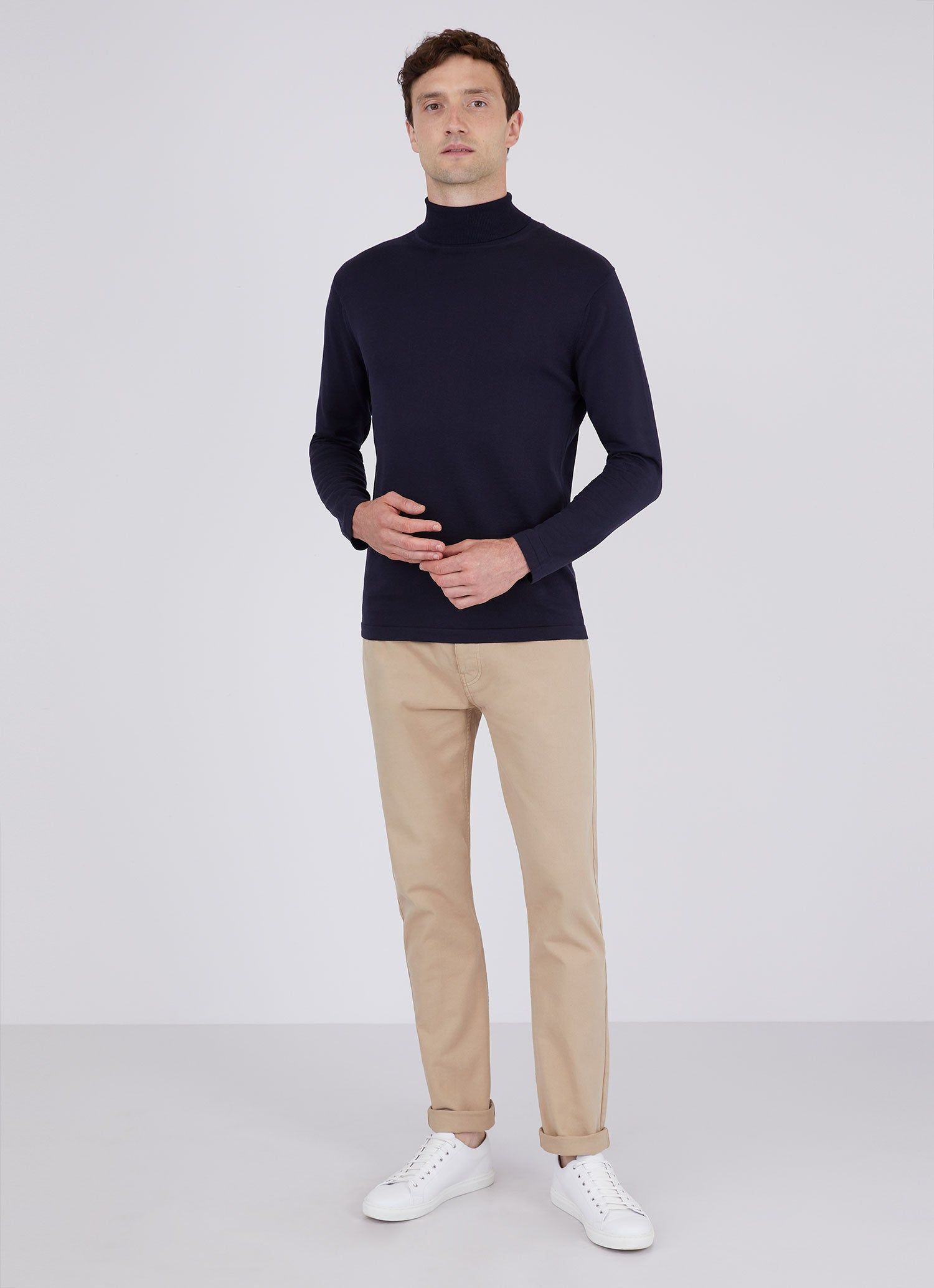 Men's Sea Island Cotton Roll Neck Sweater in Light Navy sold by Sunspel product image thumbnail 3