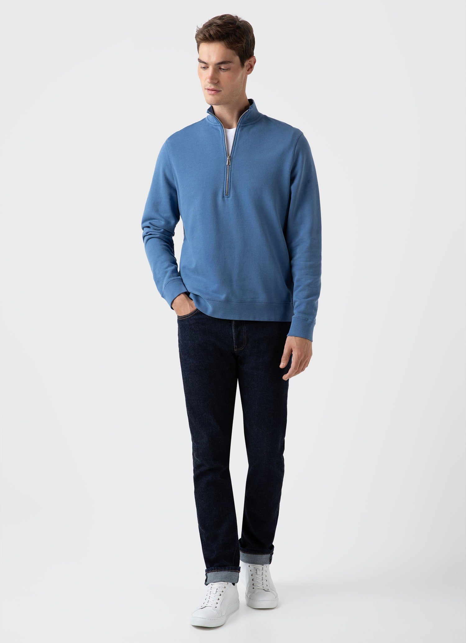 Men's Half Zip Loopback Sweatshirt in Bluestone sold by Sunspel product image thumbnail 3