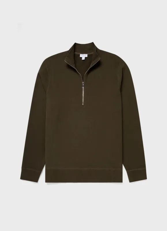 Men's Half Zip Loopback Sweatshirt in Dark Olive sold by Sunspel