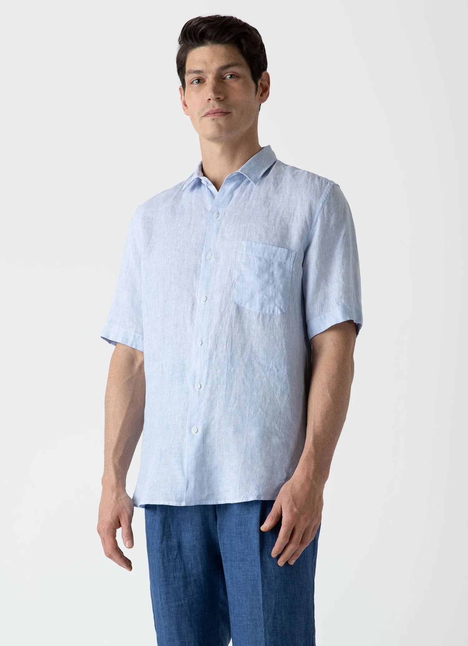 Men's Short Sleeve Linen Shirt in Cool Blue Micro Stripe sold by Sunspel product image thumbnail 2