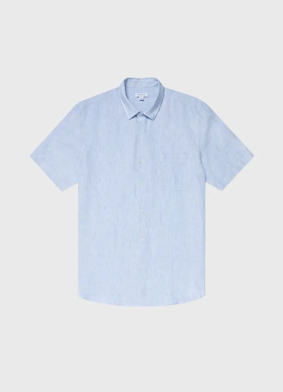 Men's Short Sleeve Linen Shirt in Cool Blue Micro Stripe sold by Sunspel