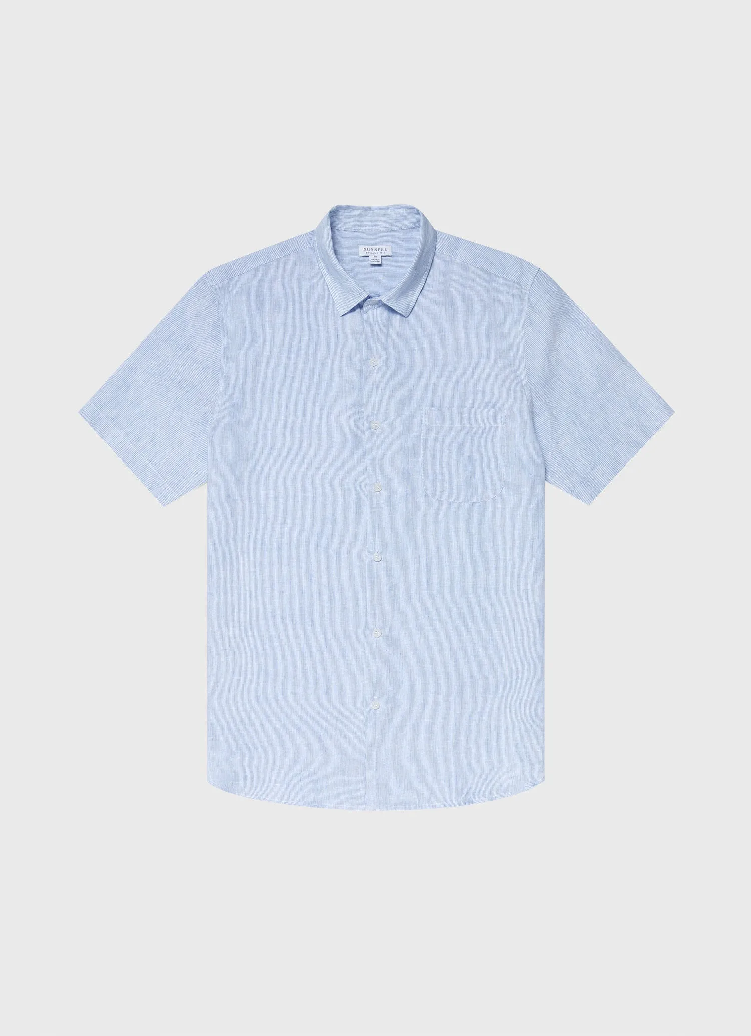 Men's Short Sleeve Linen Shirt in Cool Blue Micro Stripe sold by Sunspel