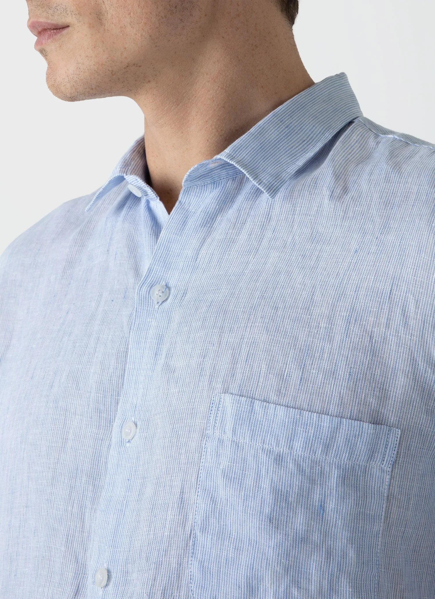 Men's Short Sleeve Linen Shirt in Cool Blue Micro Stripe sold by Sunspel product image thumbnail 5