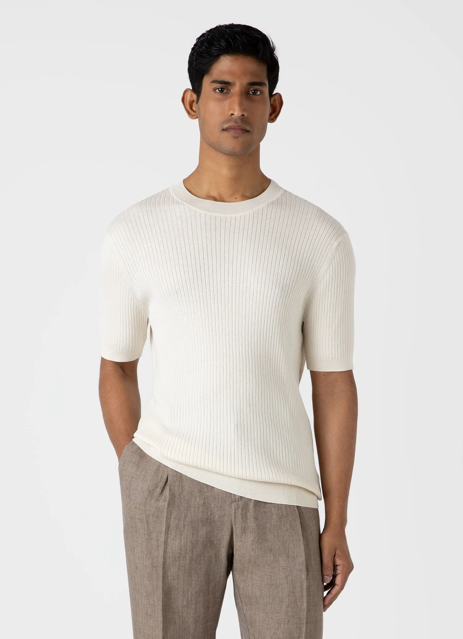 Men's Fine Rib Silk Cotton T-shirt in Ecru sold by Sunspel product image thumbnail 2