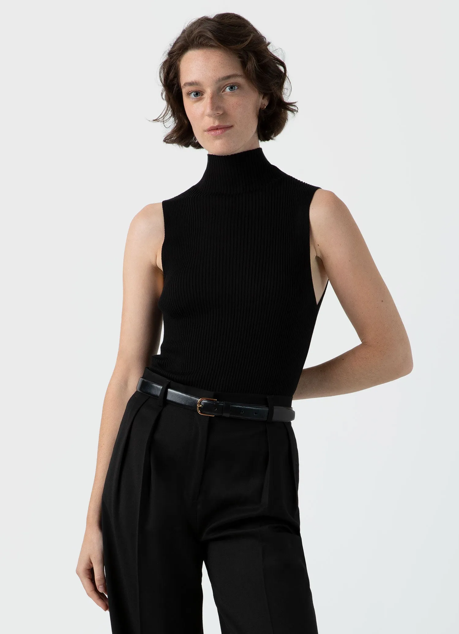 Women's Mulberry Silk Rib Vest Jumper in Black sold by Sunspel