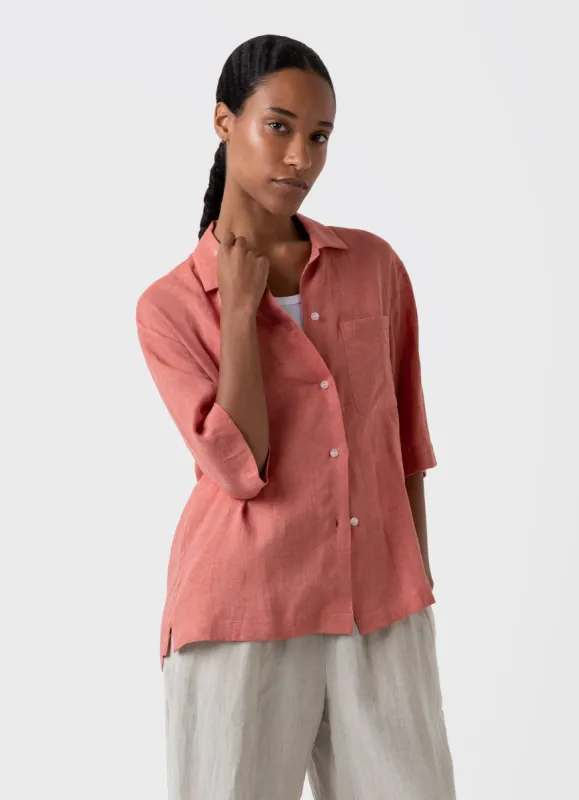 Women's Short Sleeve Linen Shirt in Burnt Sienna made by Sunspel