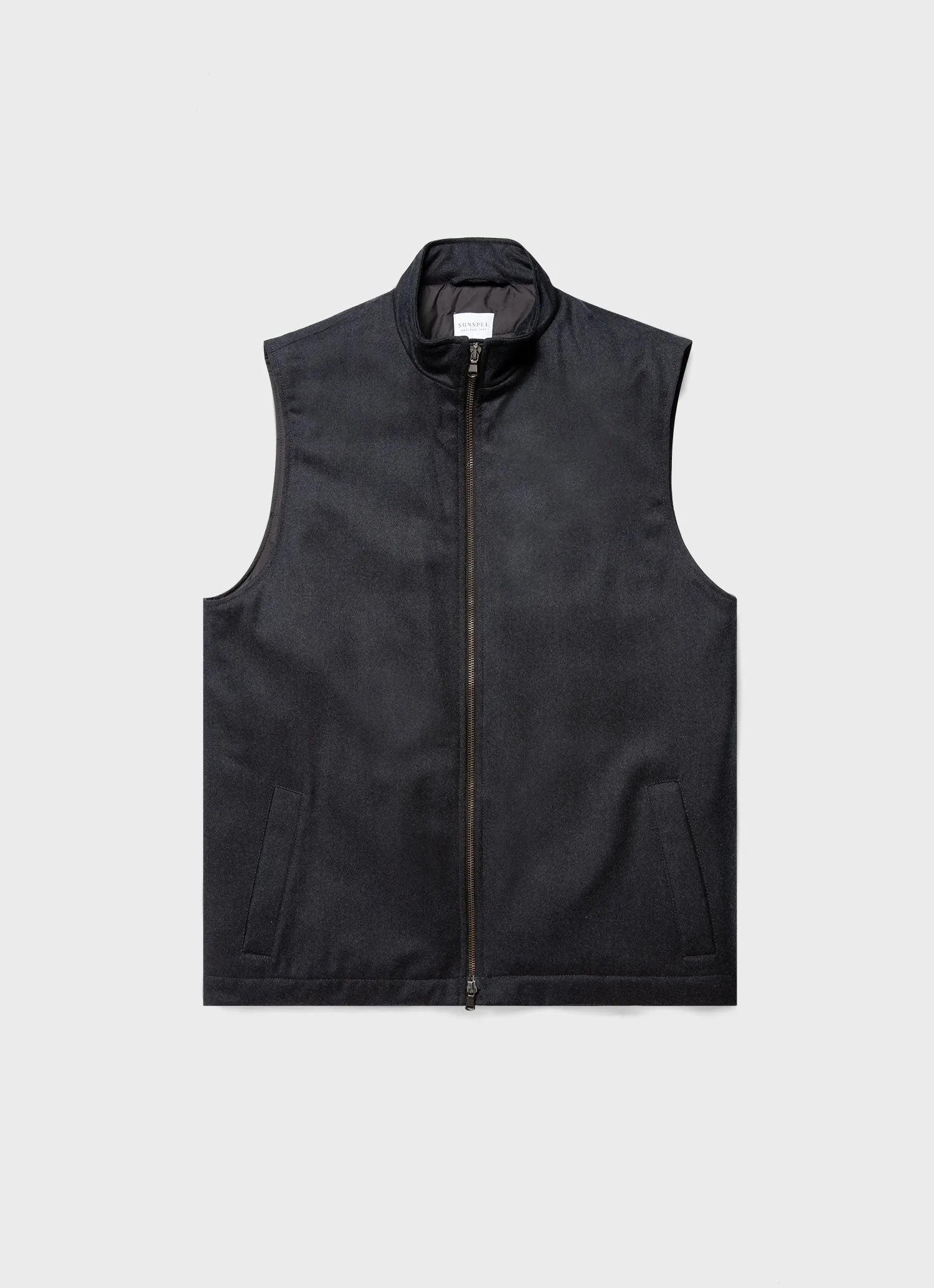 Men's Insulated Wool Gilet in Charcoal Melange sold by Sunspel