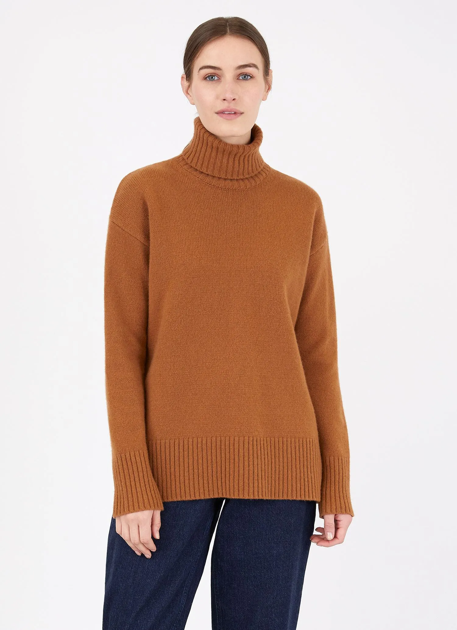 Women's Relaxed Roll Neck Jumper in Mushroom sold by Sunspel