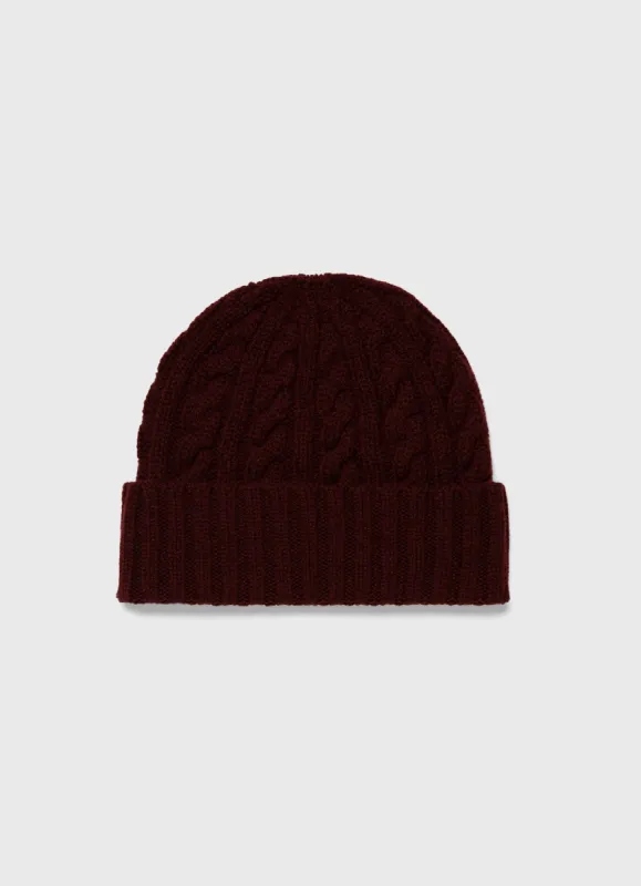 Lambswool Cable Hat in Maroon sold by Sunspel