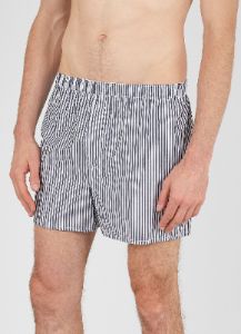Men's Classic Boxer Shorts in White/Navy Stripe sold by Sunspel