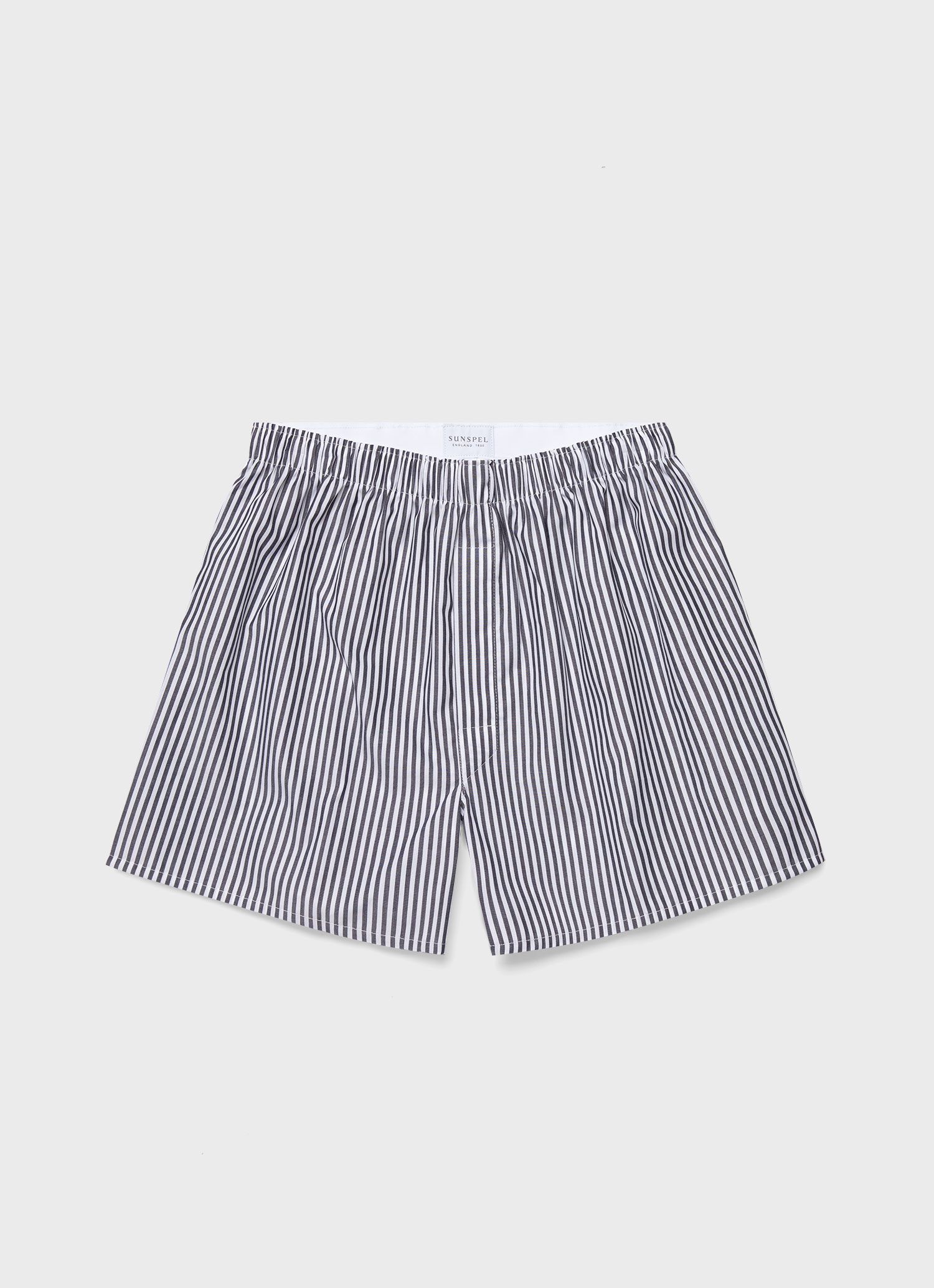 Men's Classic Boxer Shorts in White/Navy Stripe sold by Sunspel