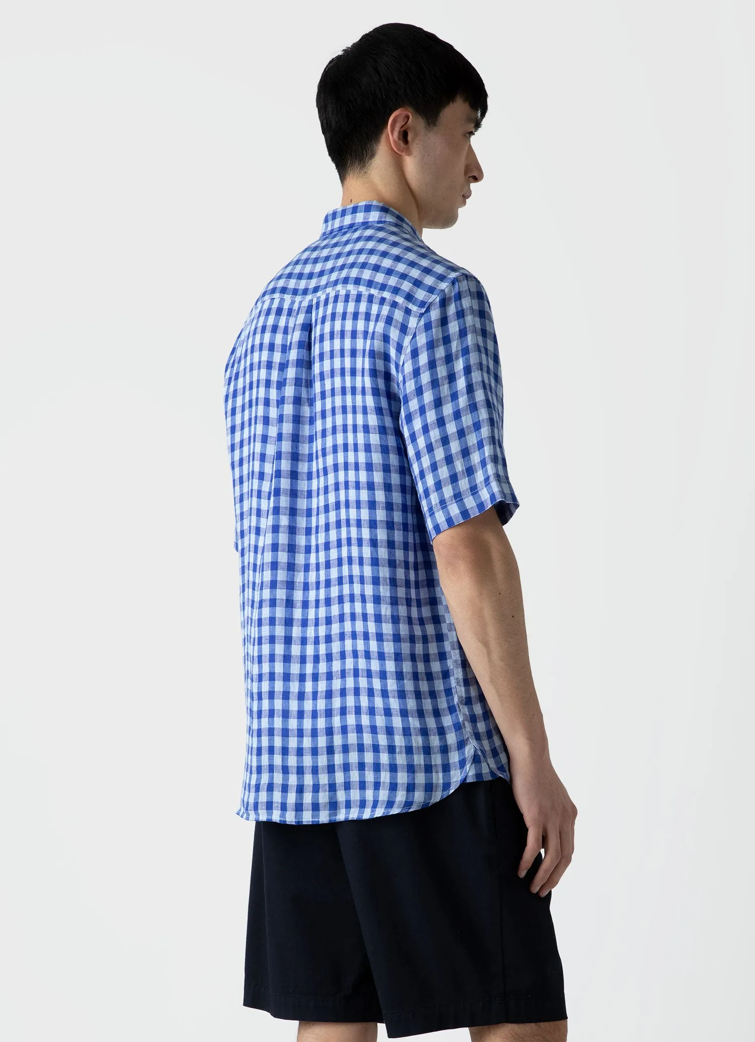Men's Short Sleeve Linen Shirt in Blue Gingham sold by Sunspel product image thumbnail 4