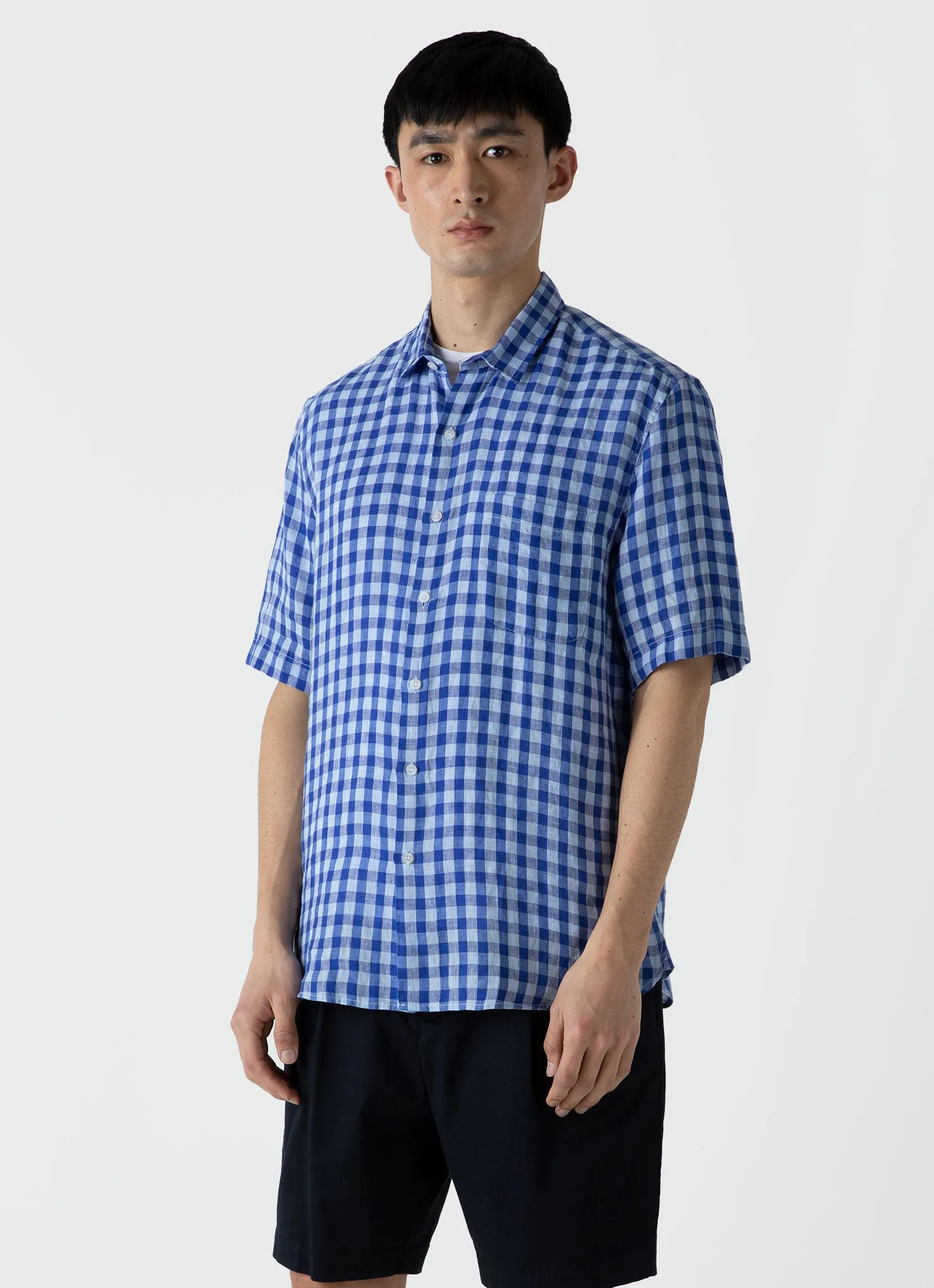 Men's Short Sleeve Linen Shirt in Blue Gingham sold by Sunspel product image thumbnail 2