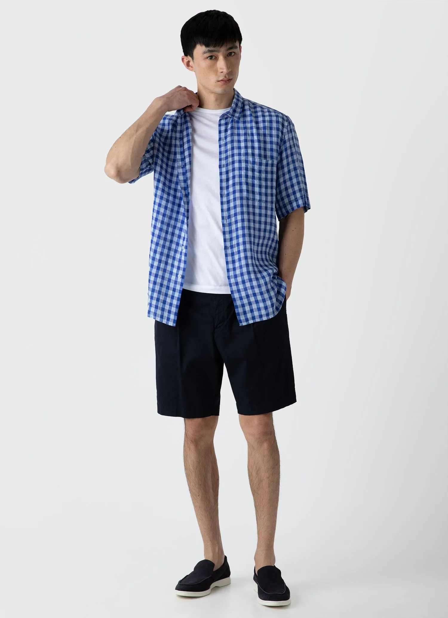 Men's Short Sleeve Linen Shirt in Blue Gingham sold by Sunspel product image thumbnail 3