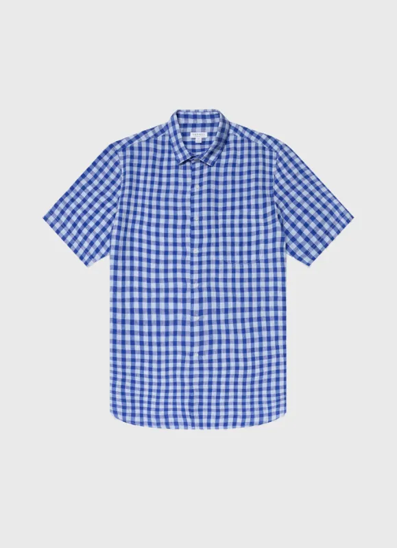 Men's Short Sleeve Linen Shirt in Blue Gingham sold by Sunspel