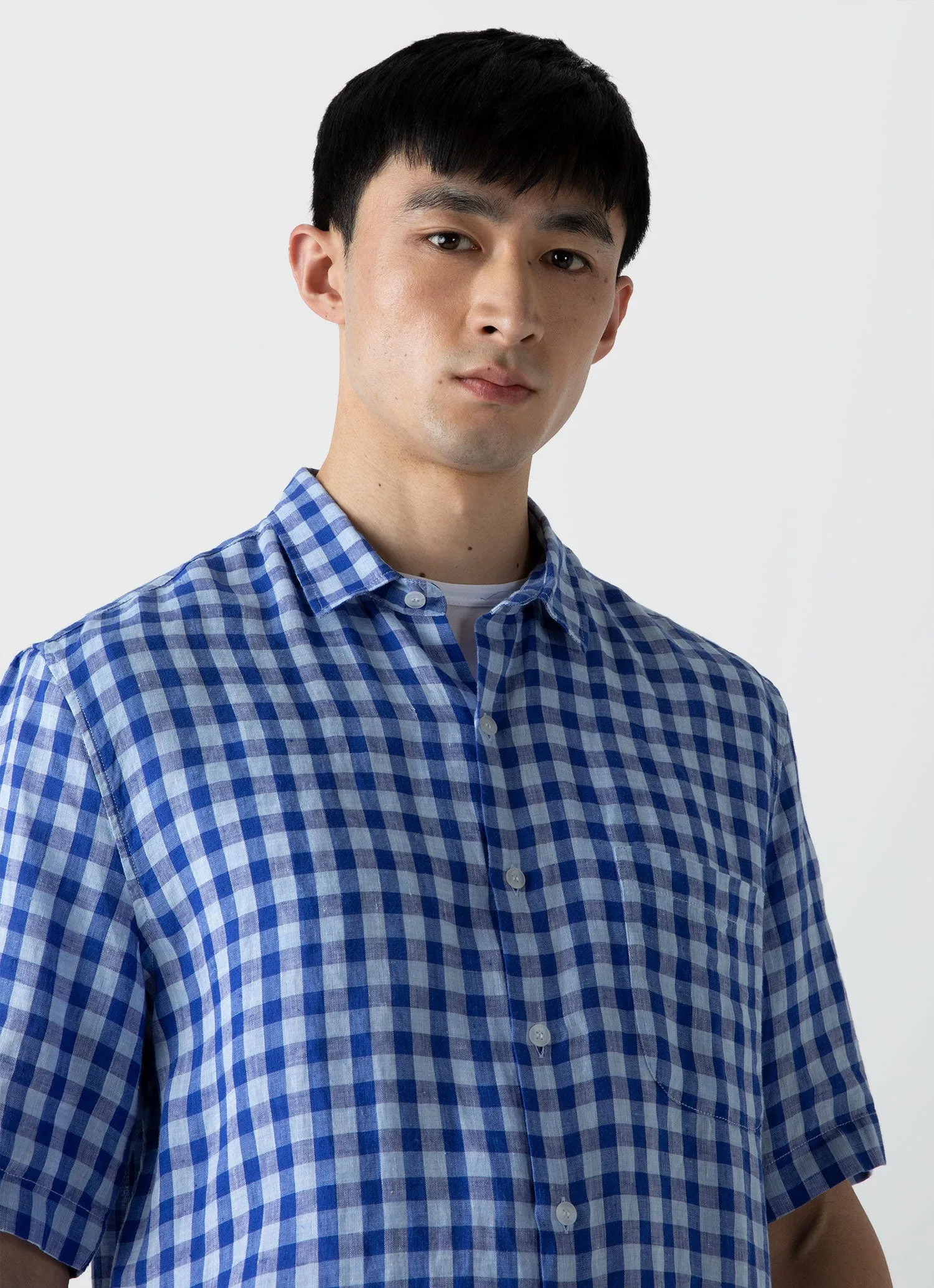 Men's Short Sleeve Linen Shirt in Blue Gingham sold by Sunspel product image thumbnail 5