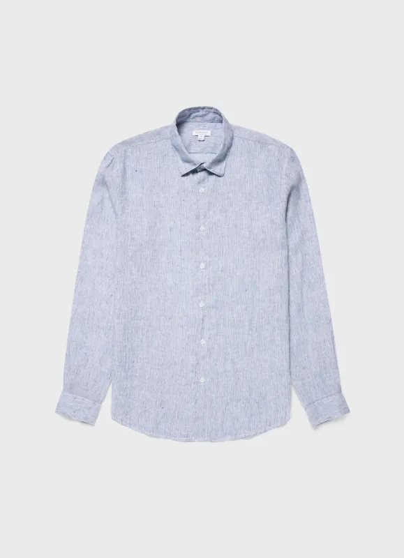 Men's Linen Shirt in White/Navy Micro Stripe sold by Sunspel