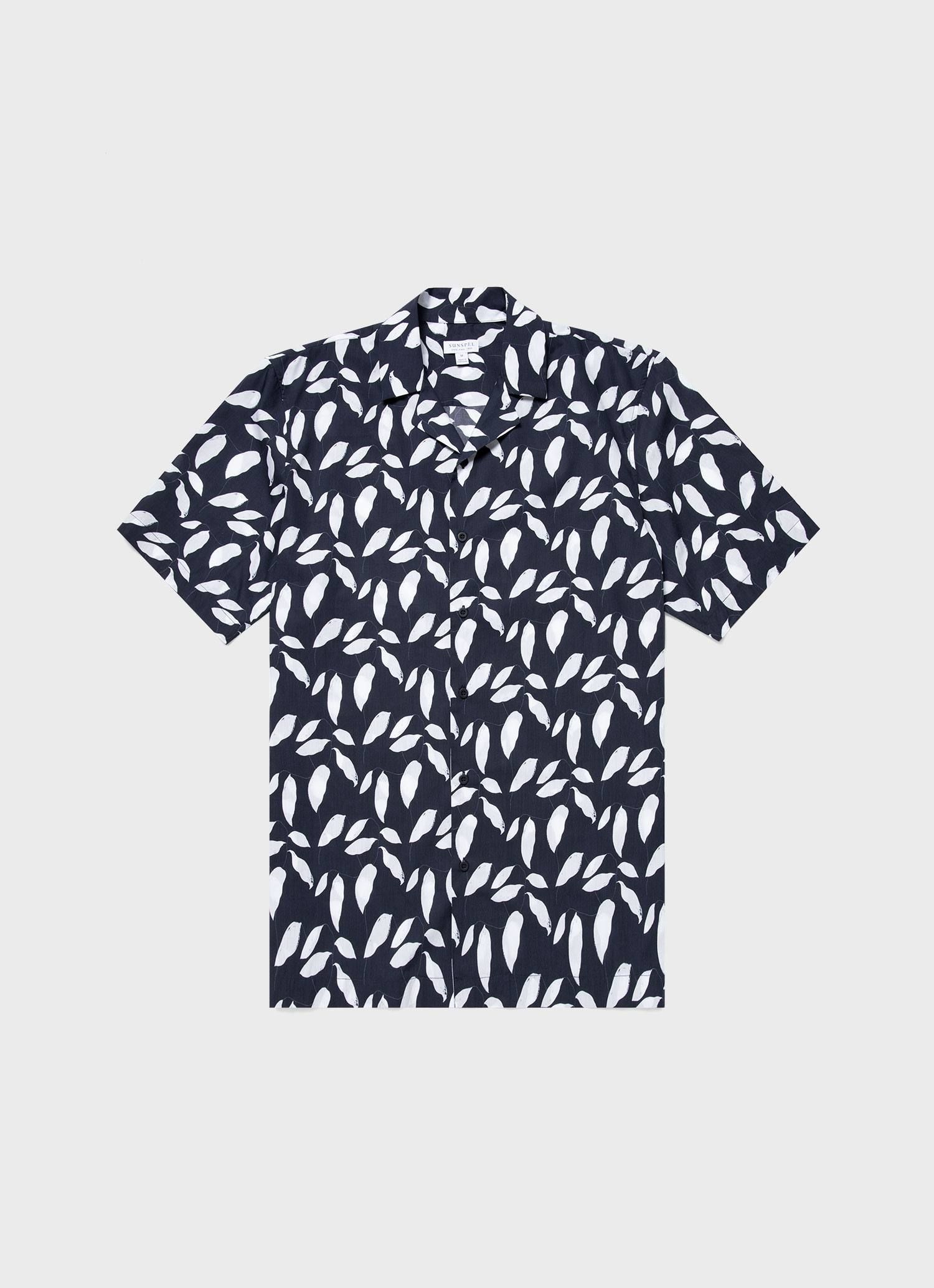 Men's Sunspel and Rosie McGuinness Camp Collar Shirt in Navy/Ecru Leaf sold by Sunspel