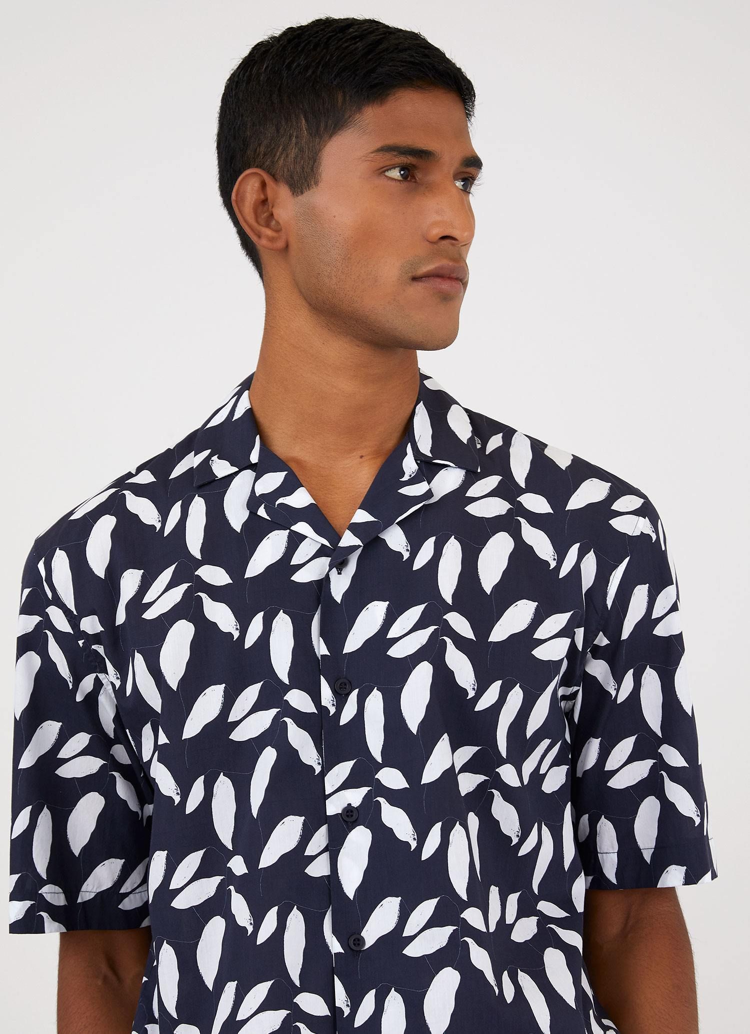 Men's Sunspel and Rosie McGuinness Camp Collar Shirt in Navy/Ecru Leaf sold by Sunspel product image thumbnail 5