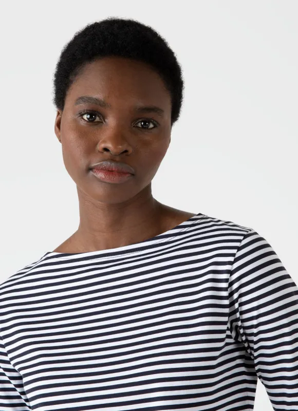 Women's Boat Neck T-shirt in White/Navy English Stripe sold by Sunspel