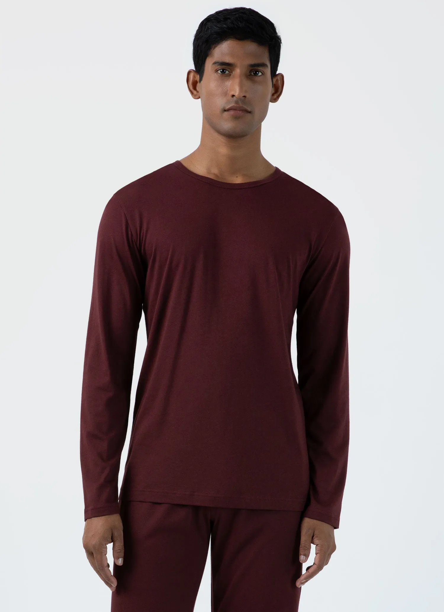 Men's Cotton Modal Lounge Long Sleeve T-shirt in Maroon sold by Sunspel product image thumbnail 2