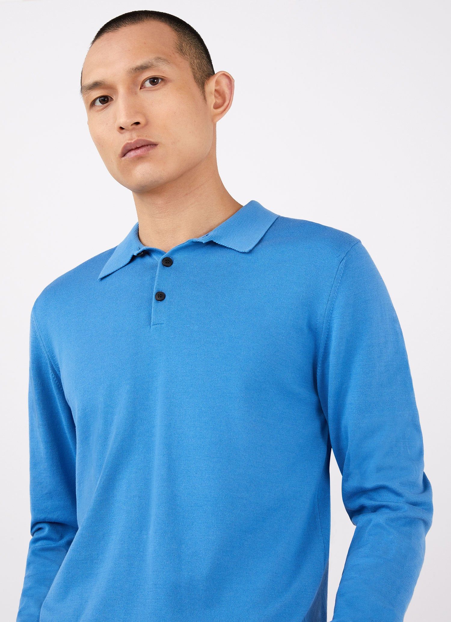 Men's Sea Island Cotton Long Sleeve Polo Shirt in Lake Blue sold by Sunspel product image thumbnail 5
