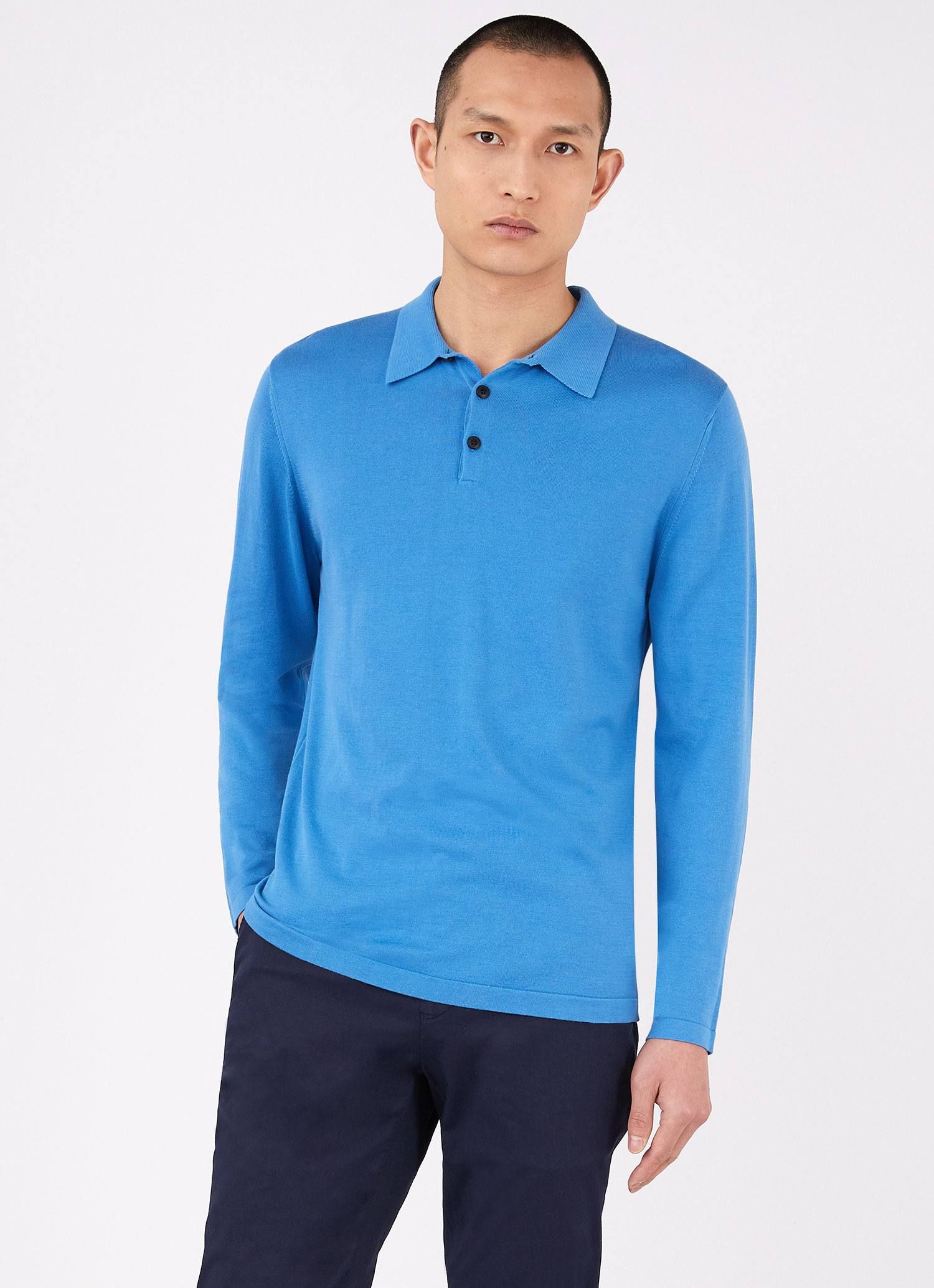 Men's Sea Island Cotton Long Sleeve Polo Shirt in Lake Blue sold by Sunspel product image thumbnail 2