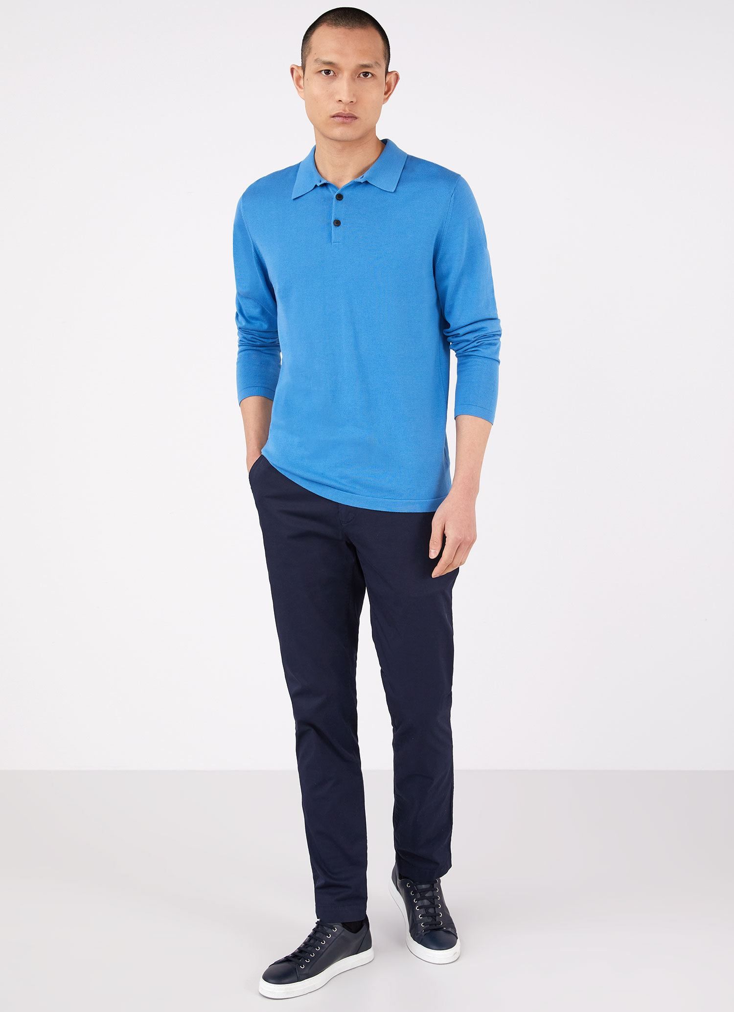 Men's Sea Island Cotton Long Sleeve Polo Shirt in Lake Blue sold by Sunspel product image thumbnail 3