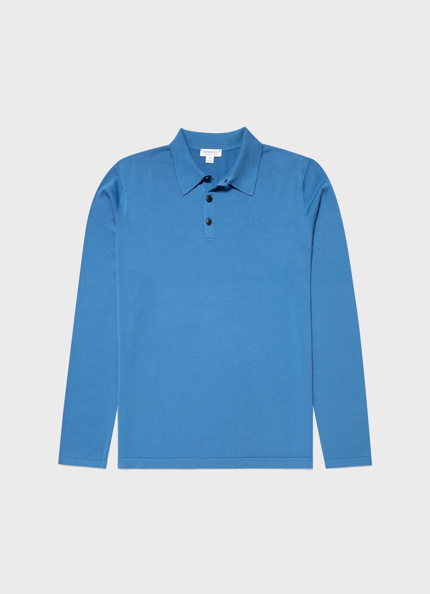 Men's Sea Island Cotton Long Sleeve Polo Shirt in Lake Blue sold by Sunspel
