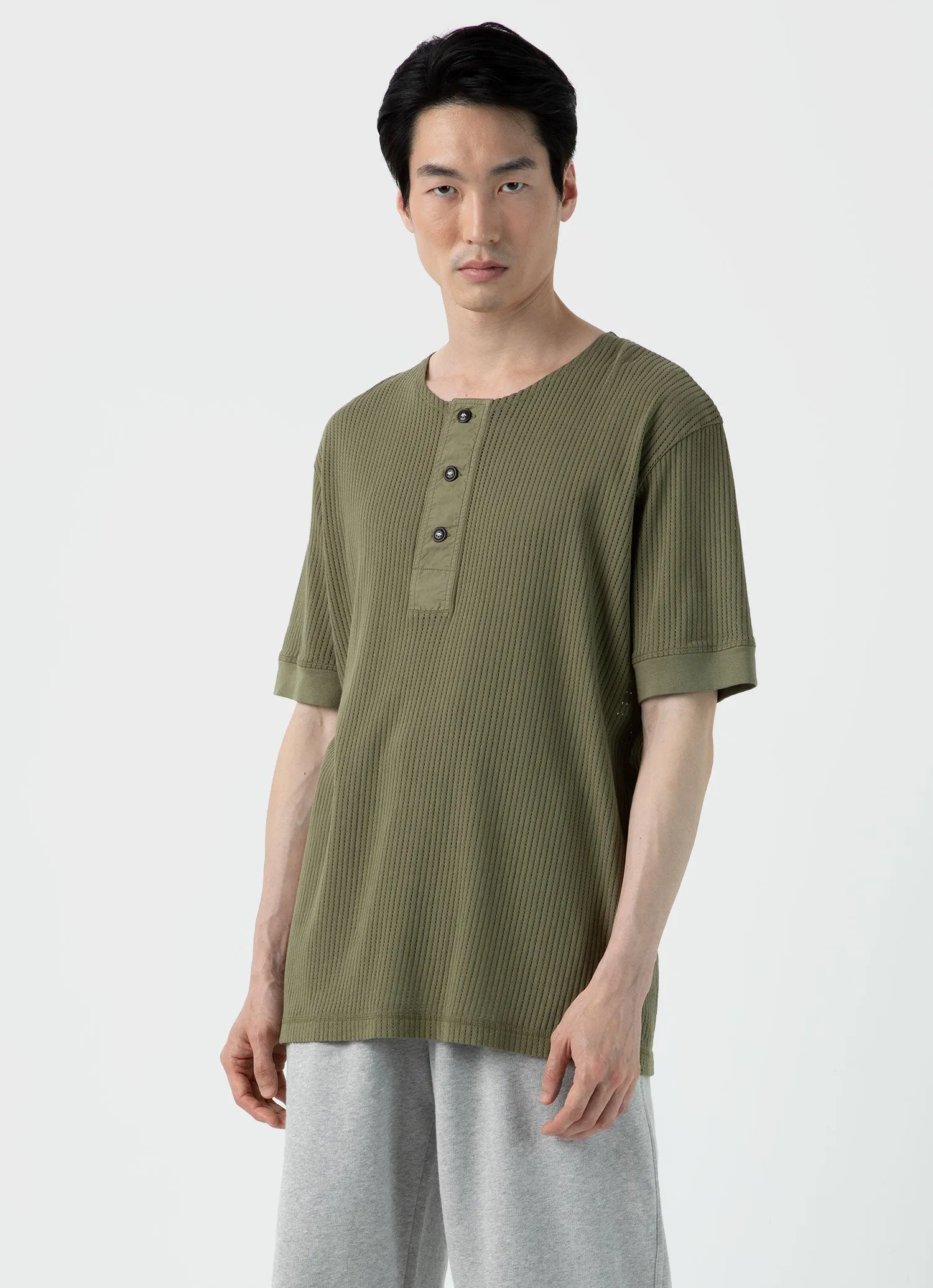 Men's Sunspel x Nigel Cabourn Mesh Henley in Army Green sold by Sunspel product image thumbnail 2