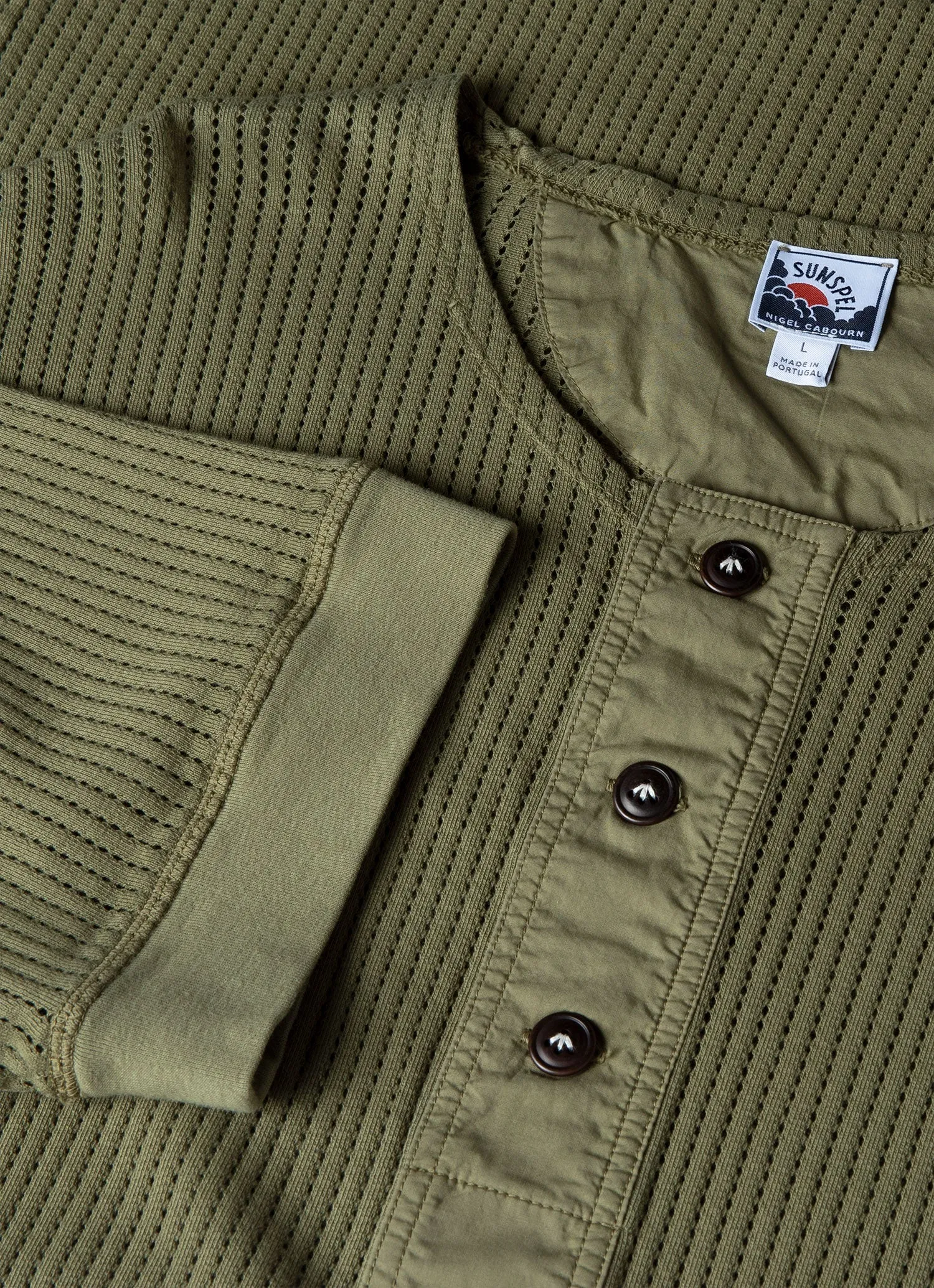Men's Sunspel x Nigel Cabourn Mesh Henley in Army Green sold by Sunspel product image thumbnail 4