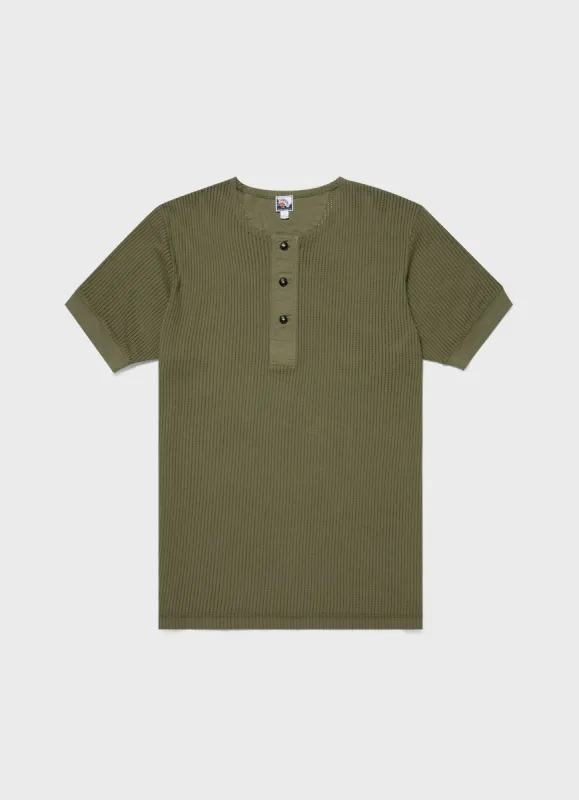Men's Sunspel x Nigel Cabourn Mesh Henley in Army Green sold by Sunspel