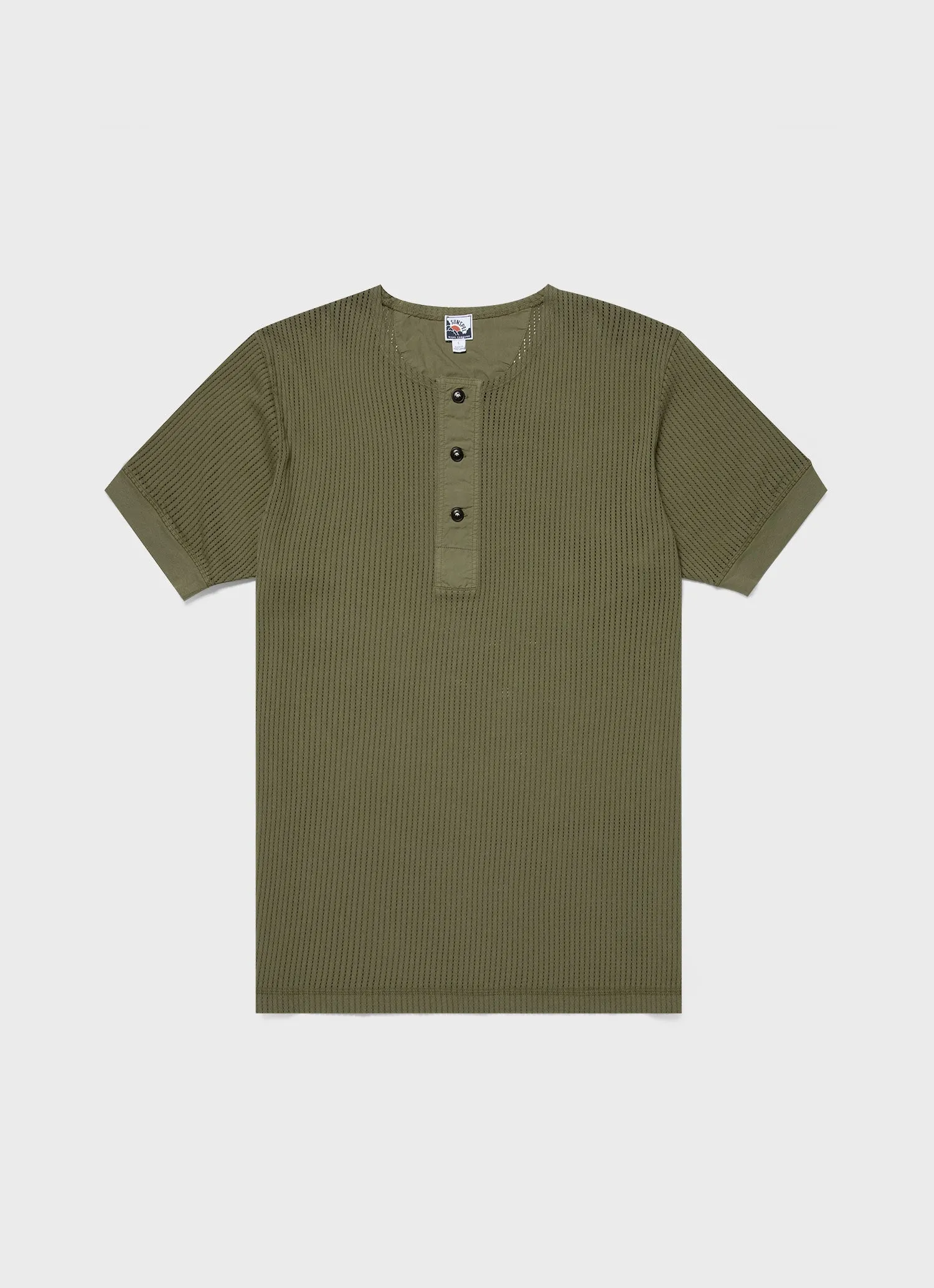 Men's Sunspel x Nigel Cabourn Mesh Henley in Army Green sold by Sunspel