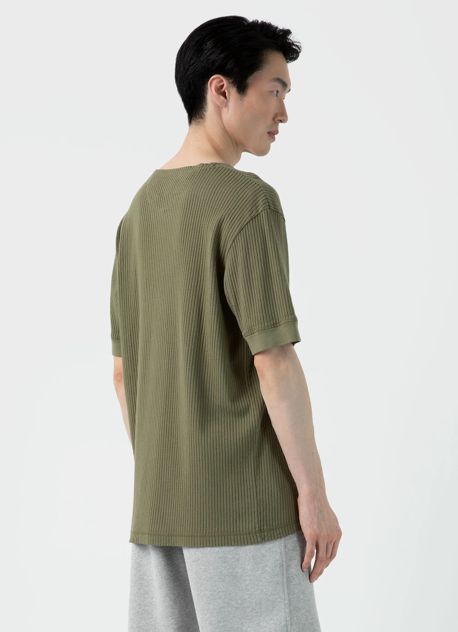 Men's Sunspel x Nigel Cabourn Mesh Henley in Army Green sold by Sunspel product image thumbnail 5