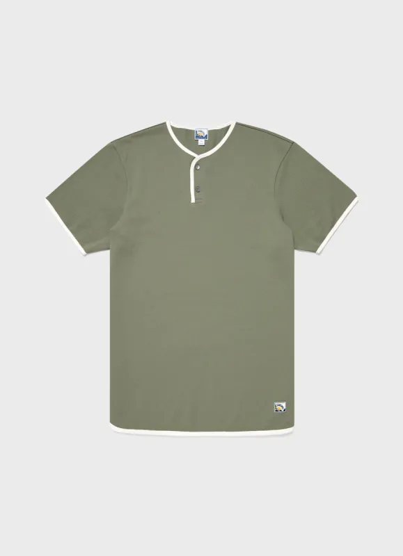 Men's Paul Weller College Henley in Dark Sage made by Sunspel