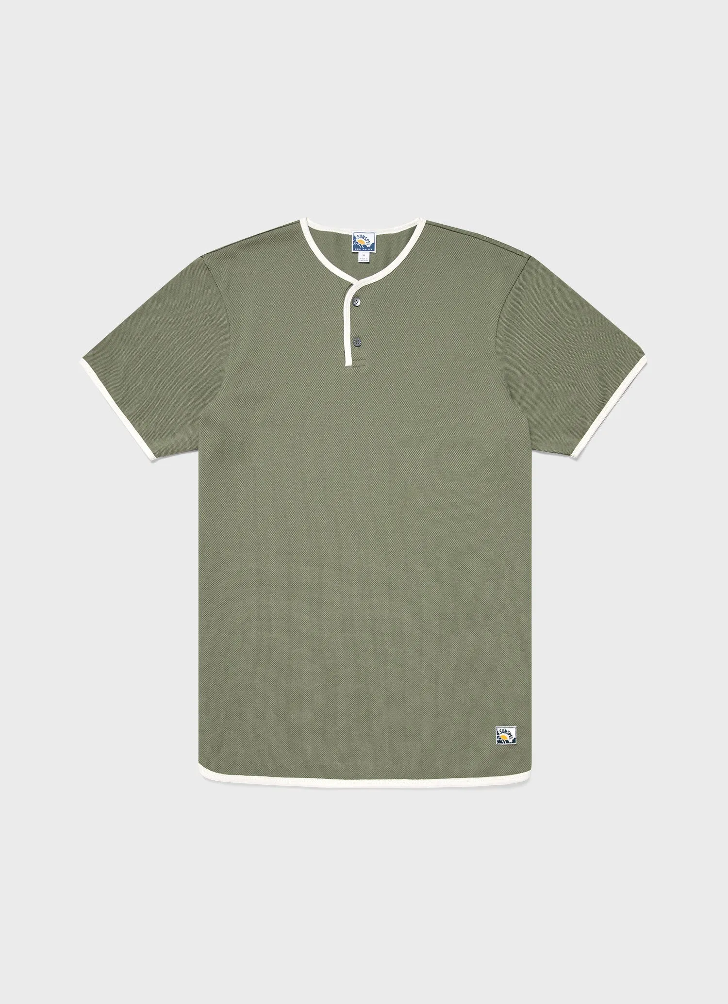 Men's Paul Weller College Henley in Dark Sage sold by Sunspel