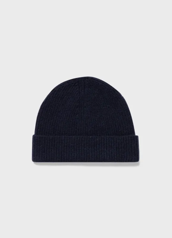 Cashmere Ribbed Hat in Navy sold by Sunspel
